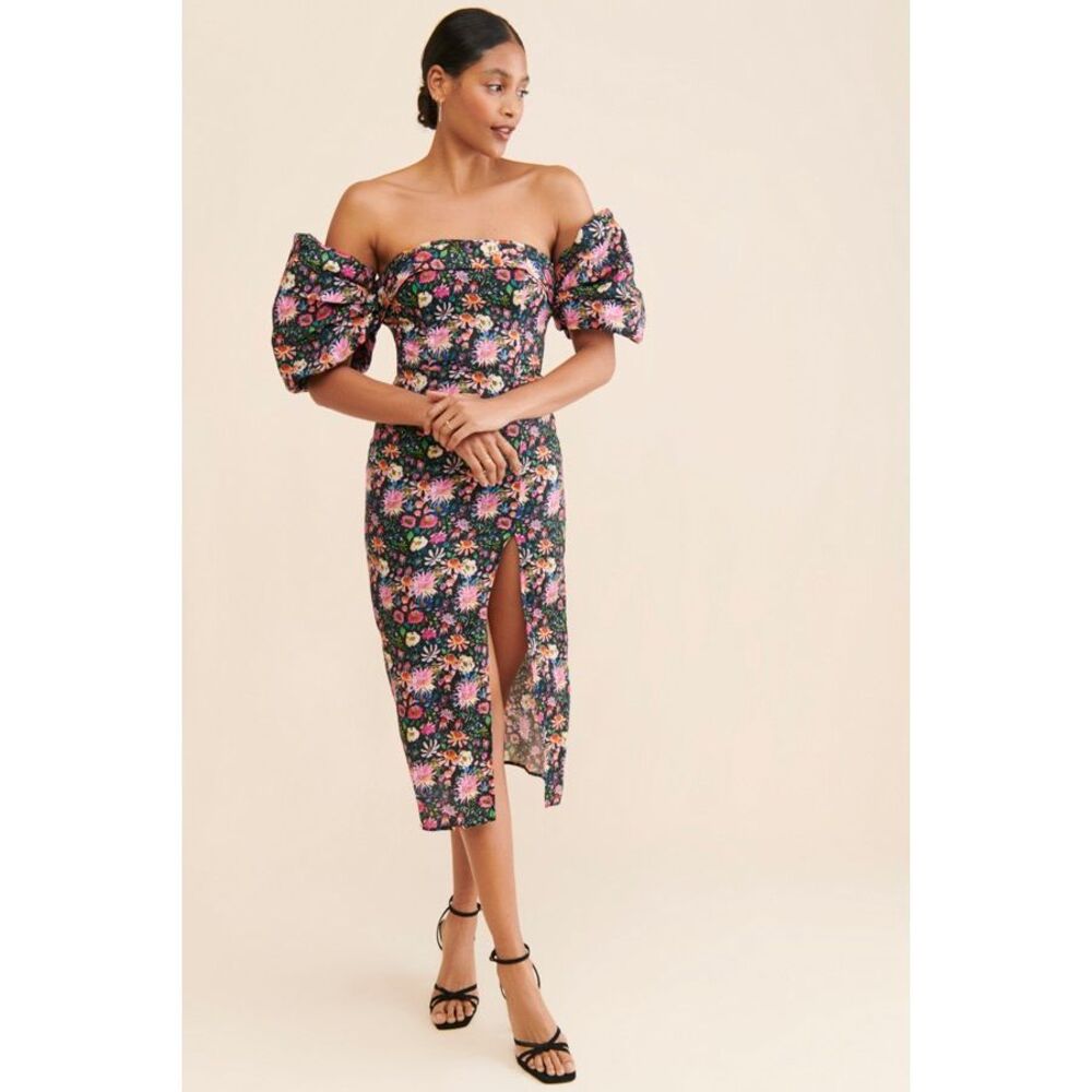 Elliatt Black Floral Off-Shoulder Midi Dress with Puff Sleeves